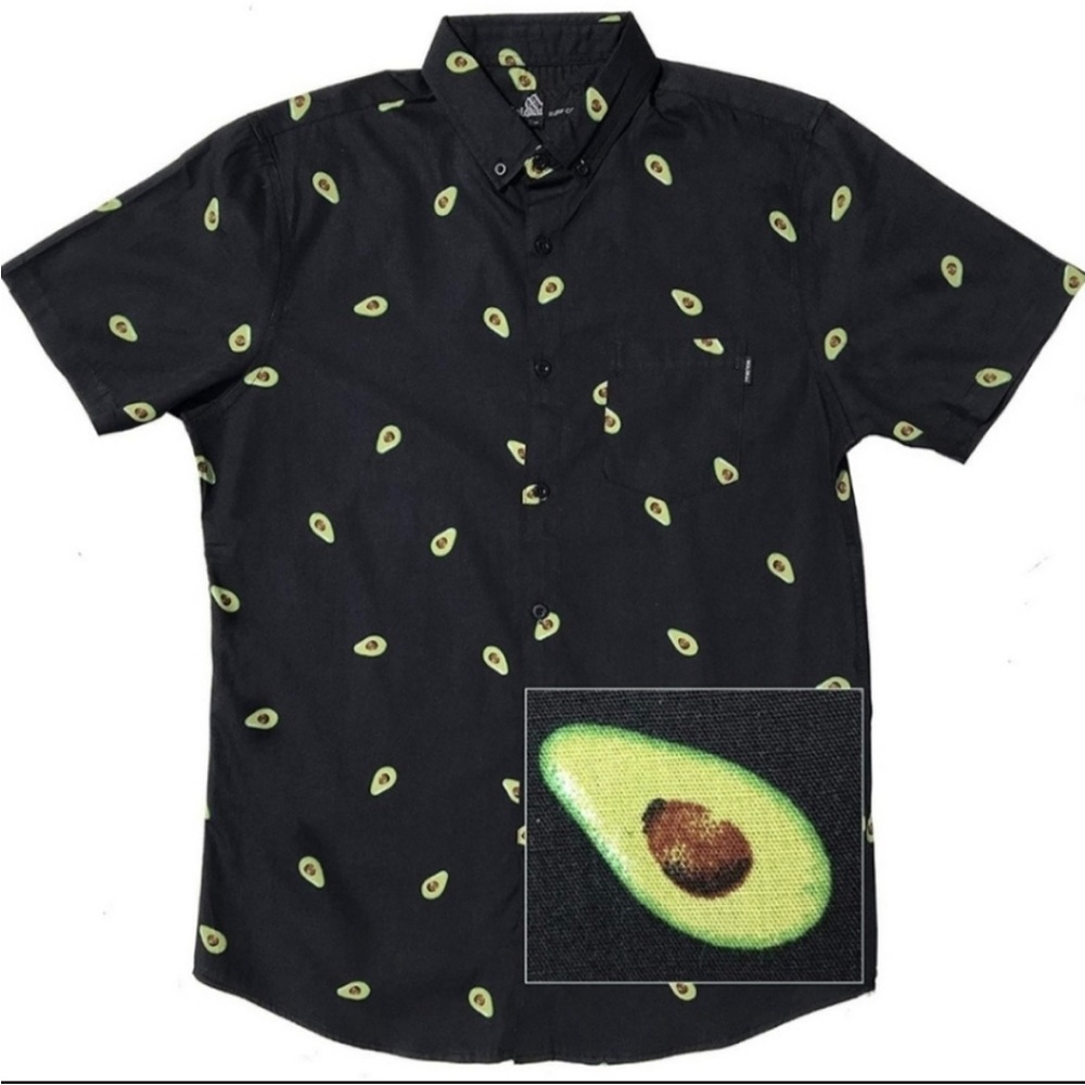 Molokai Surf Co. Black Button Down Short Sleeve Shirt with Green Avocado Pattern